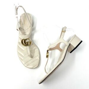 Gucci Marmont Interlocking Double G Logo Thong Sandals Ivory White Gold 37.5 7.5